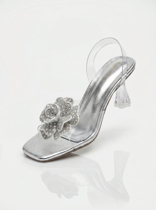 Moon Petal Crystal Heels Silver