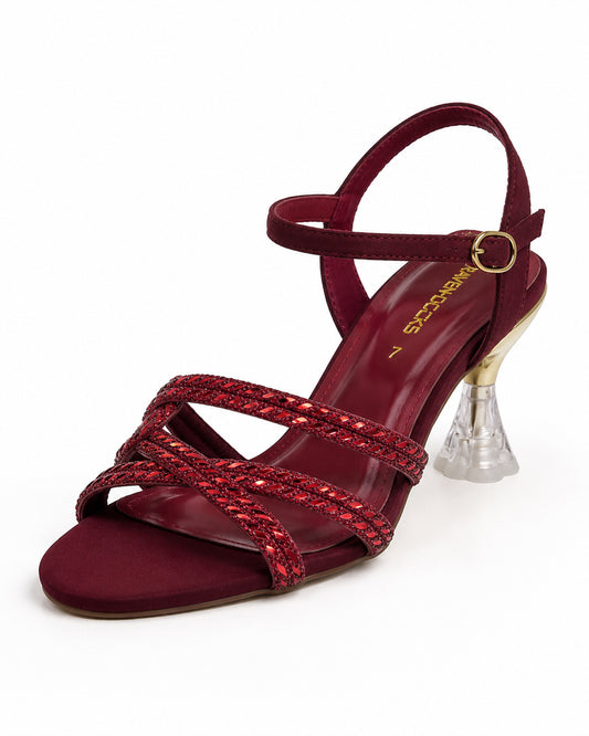 Maroon Braided Clear Heel Sandals