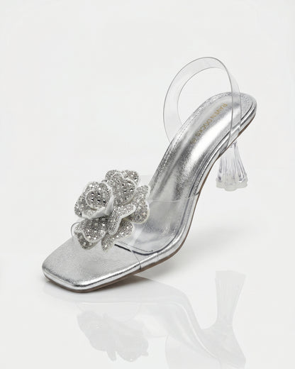 Moon Petal Crystal Heels Silver