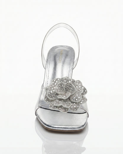 Moon Petal Crystal Heels Silver