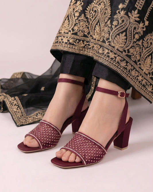 Burgundy Crystal Mesh Heels