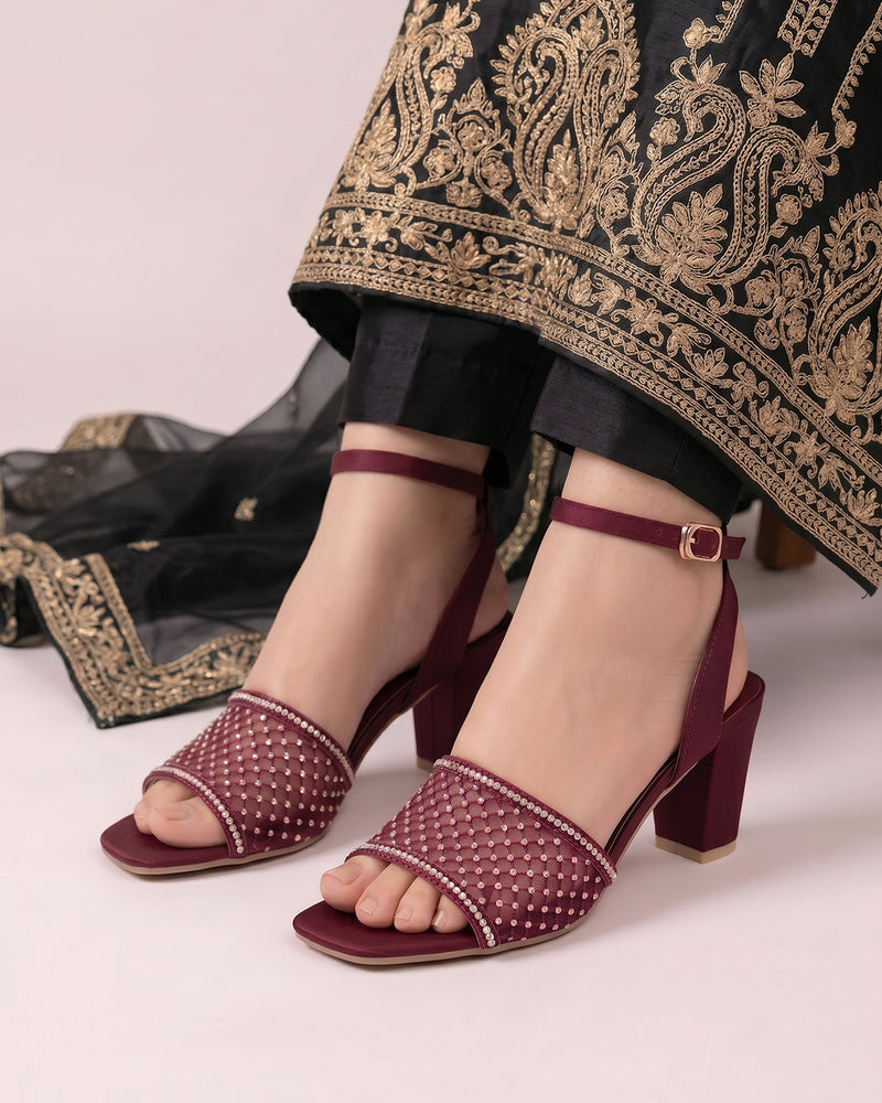 Burgundy Crystal Mesh Heels